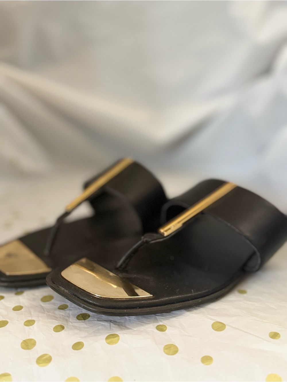 DKNY Black Leather Slide Sandals with Gold Accents